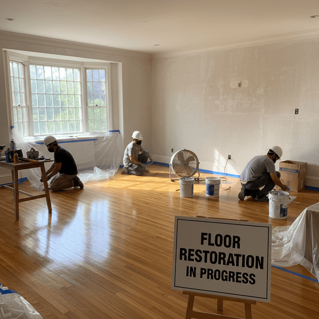 Renovated Toronto living room with freshly restored hardwood floors