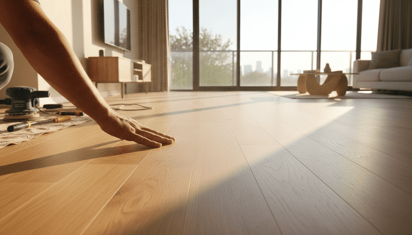 Close-up of artisan hands installing a hardwood floor plank in a bright Toronto living room