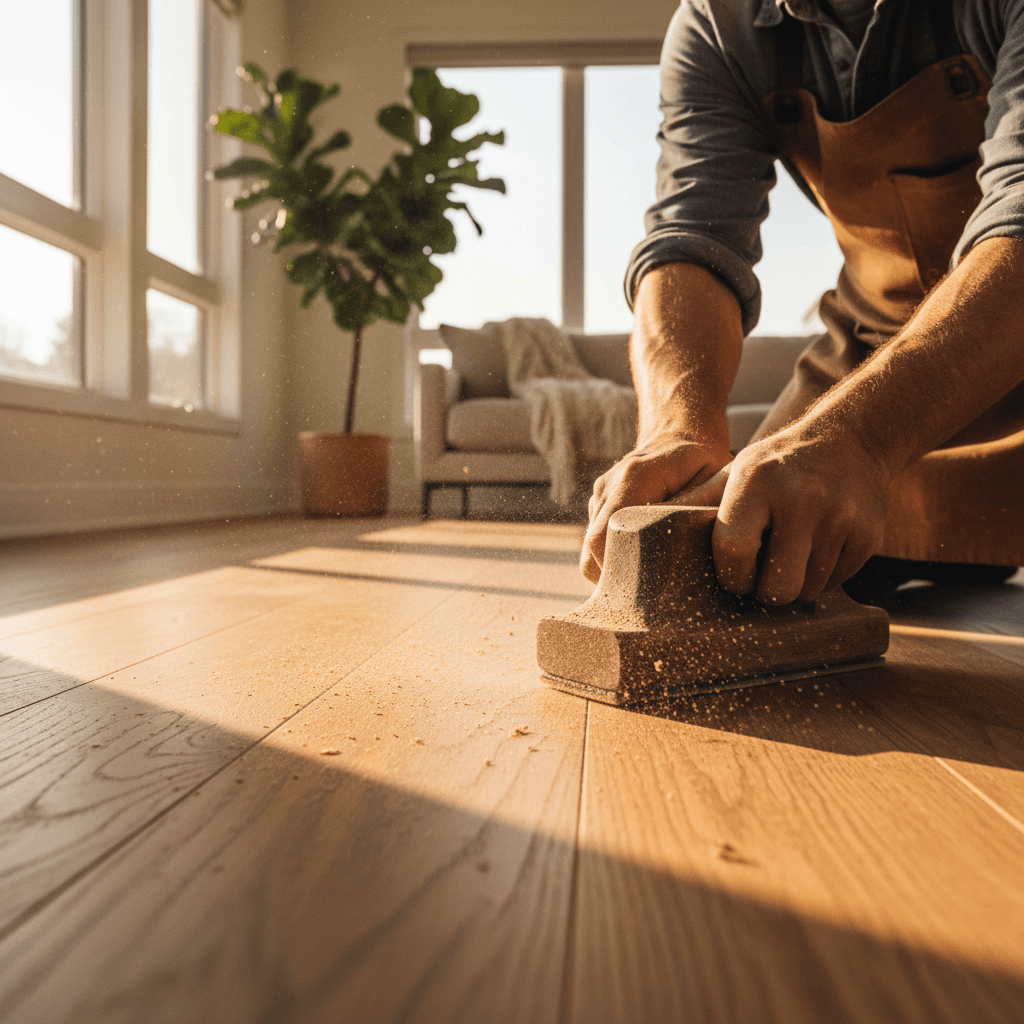 Craftsman sanding a hardwood floor plank by hand
