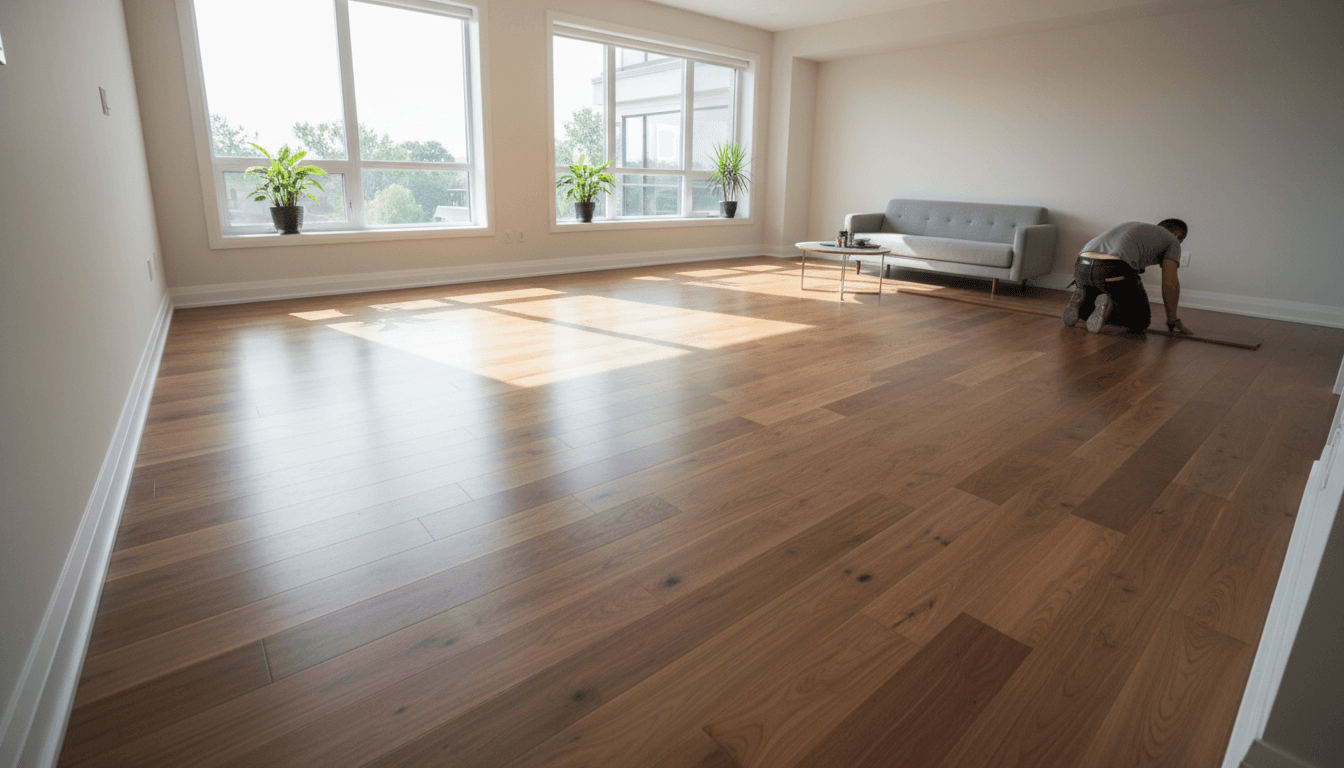 Newly installed hardwood floor in a bright Toronto living room
