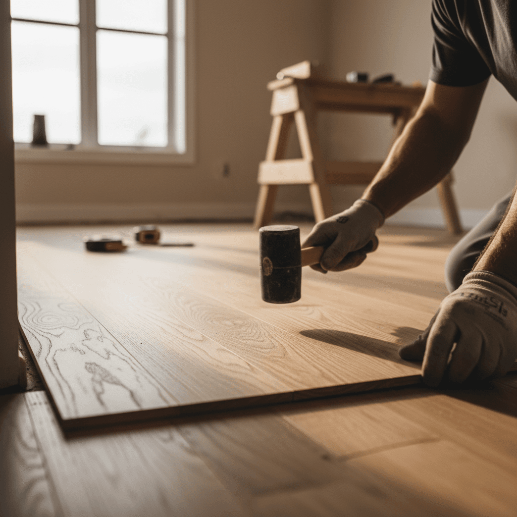 Close-up of installer's hands fitting the final oak plank in place
