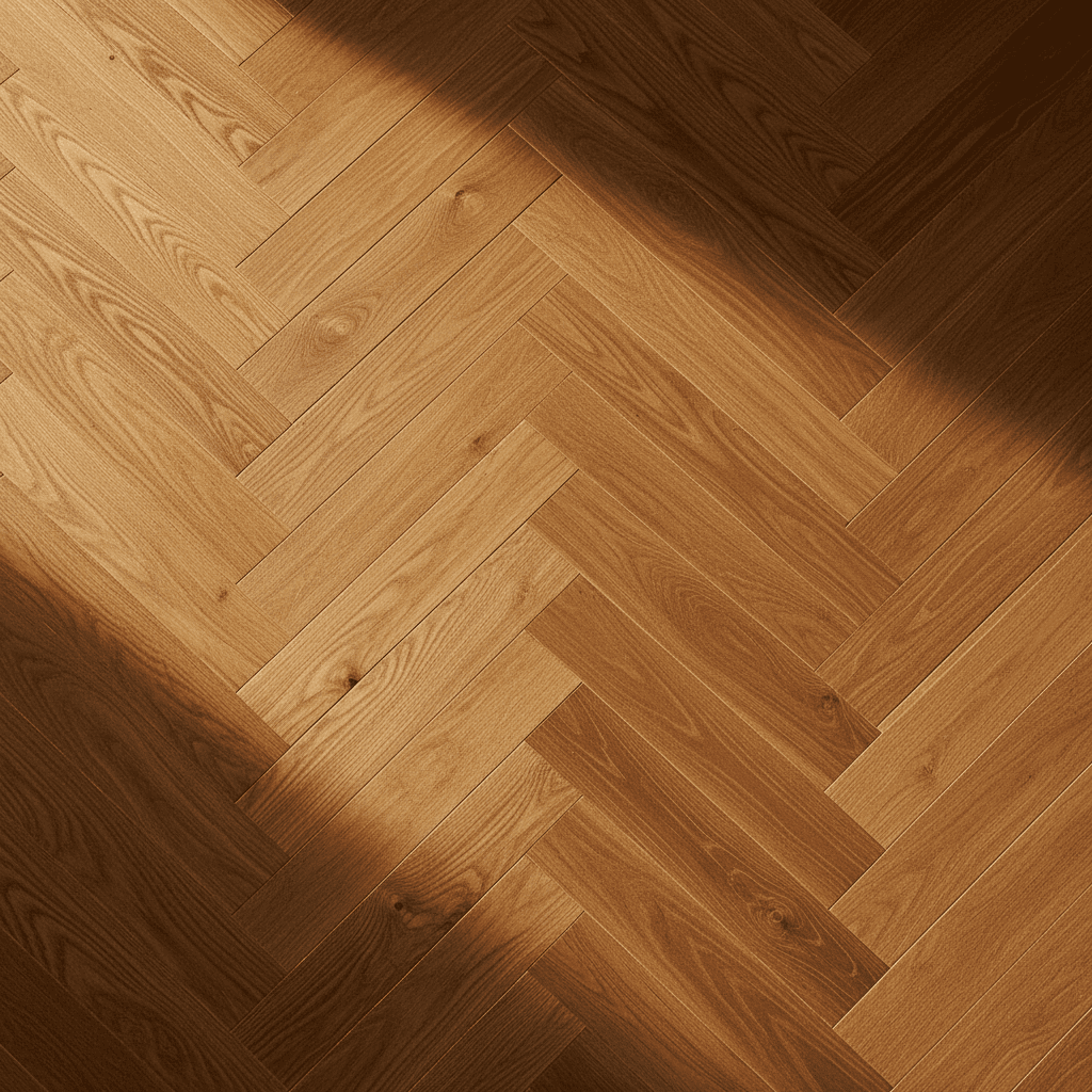 Overhead view of herringbone hardwood floor pattern in rich oak
