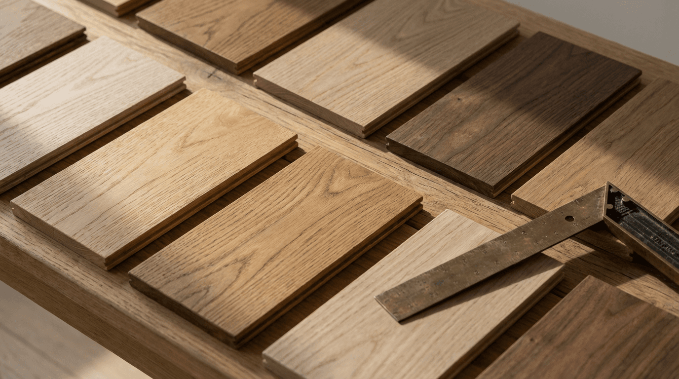 Homeowner and installer reviewing a hardwood sample plank in a Toronto living room