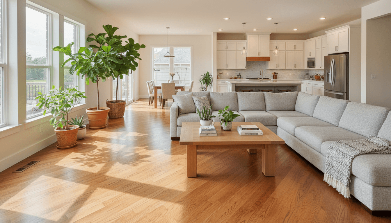 Finished hardwood floor in a bright living room