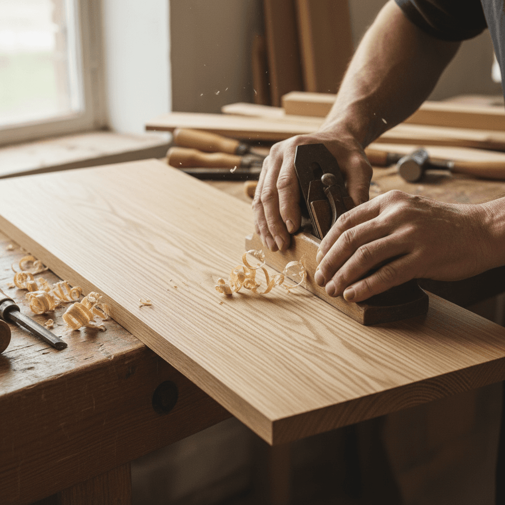Contractor's hands sanding a hardwood floor plank in a Toronto home