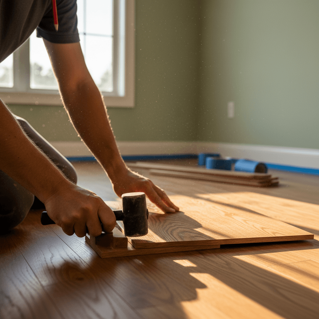 Flooring installer checking the seam of a newly laid hardwood floor in a bright living room