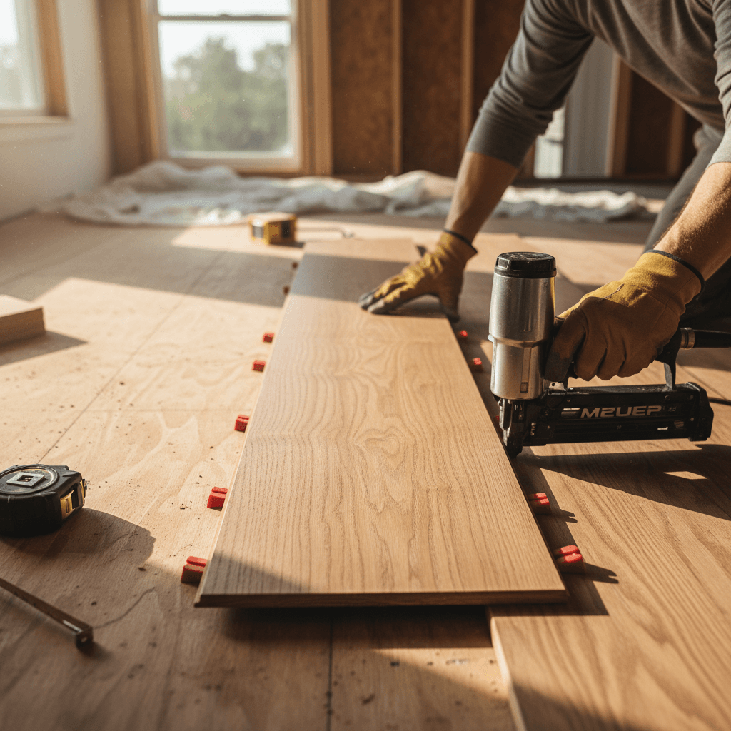 Craftsman installing hardwood floor planks in a Toronto home