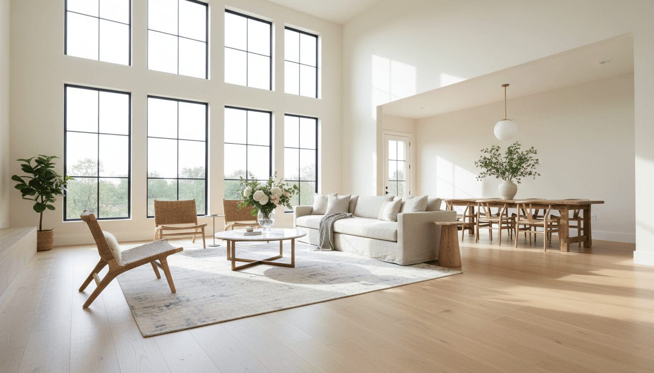 Bright living room with freshly installed white oak hardwood flooring