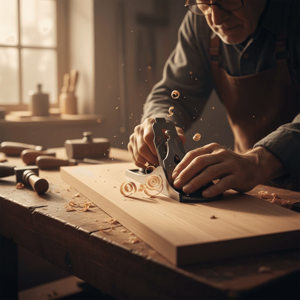 Hand sanding the edge of an oak hardwood plank during installation