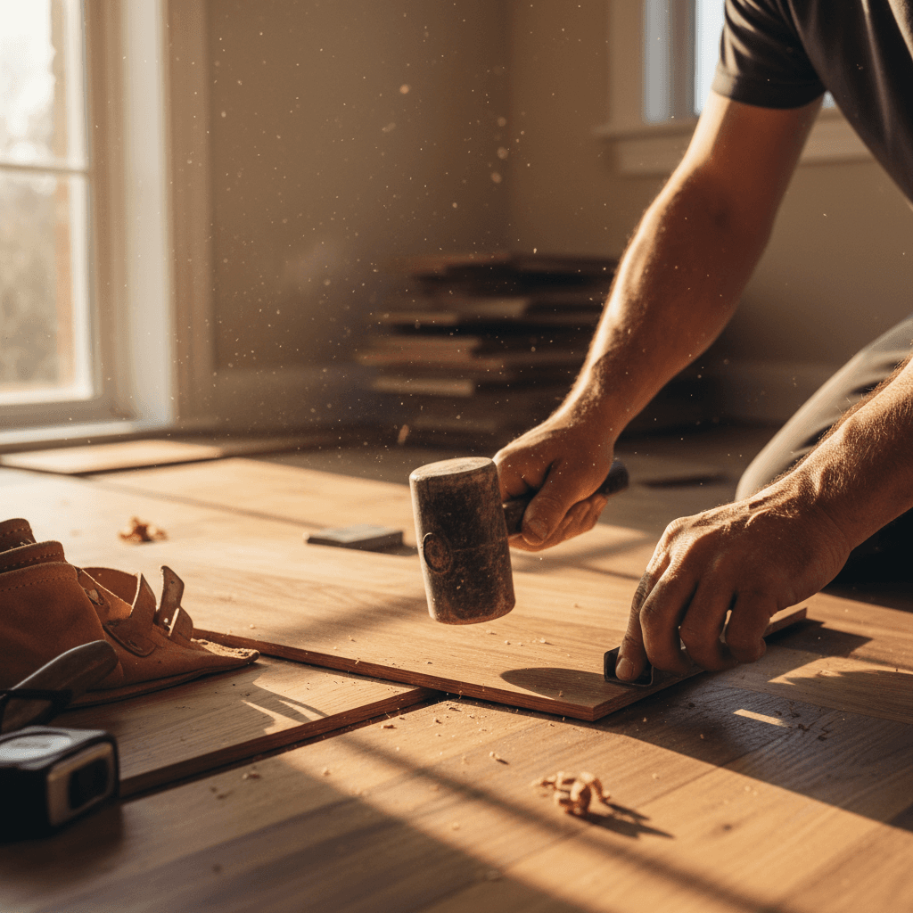 Newly installed hardwood floor in a bright Toronto living room